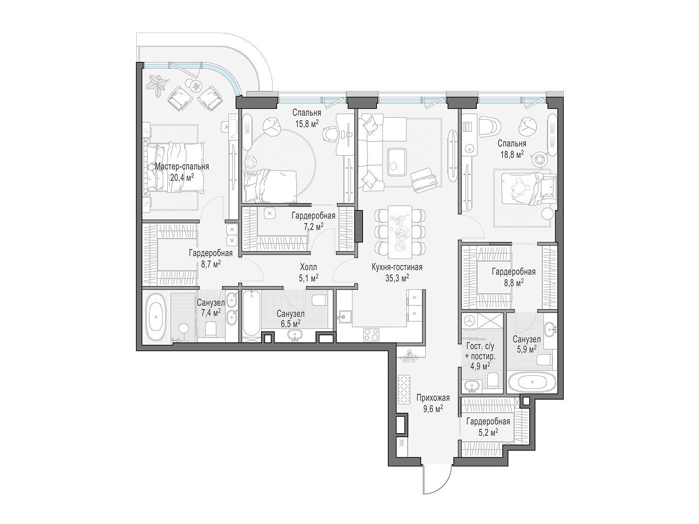 Планировка: 3-комн. квартира 161.60 м² в новостройке Палашёвский 11