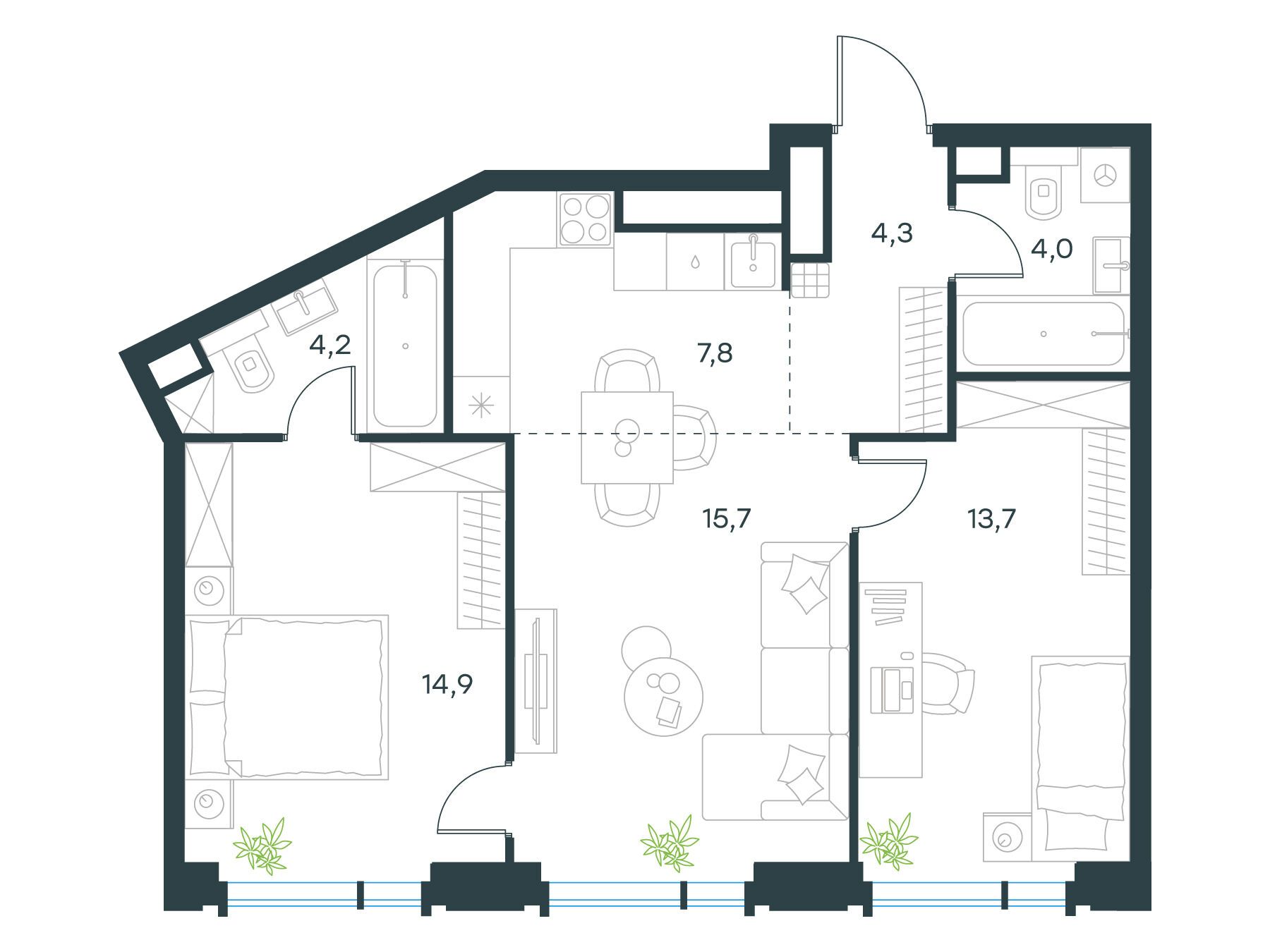 Планировка: 3-комн. квартира 64.60 м² в новостройке Левел Академическая