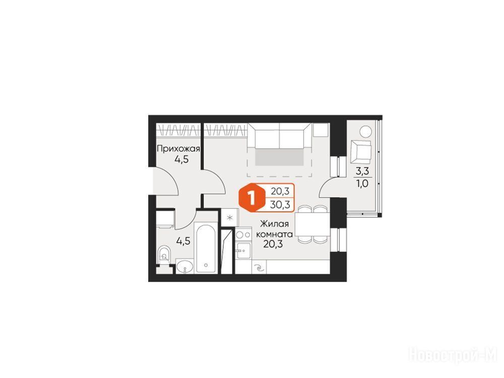 Планировка: Студия 29.10 м² в новостройке Идеал