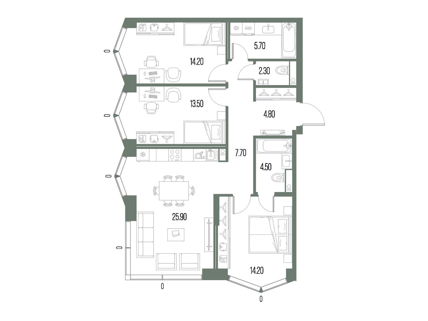 Планировка: 3-комн. квартира 92.80 м² в новостройке ЖК Северный Порт