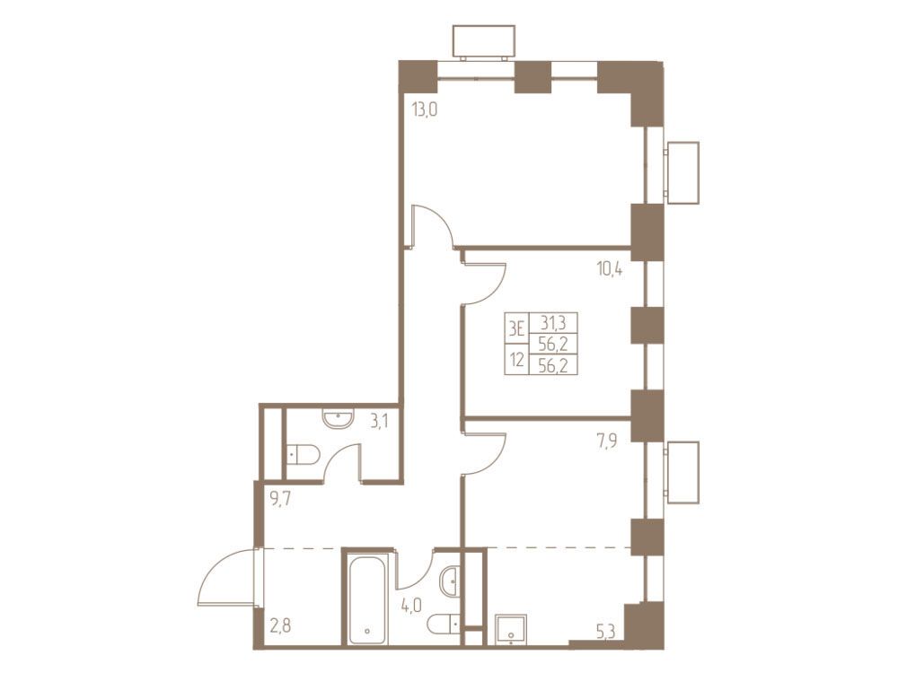 Планировка: 3-комн. квартира 56.20 м² в новостройке Фабрикант