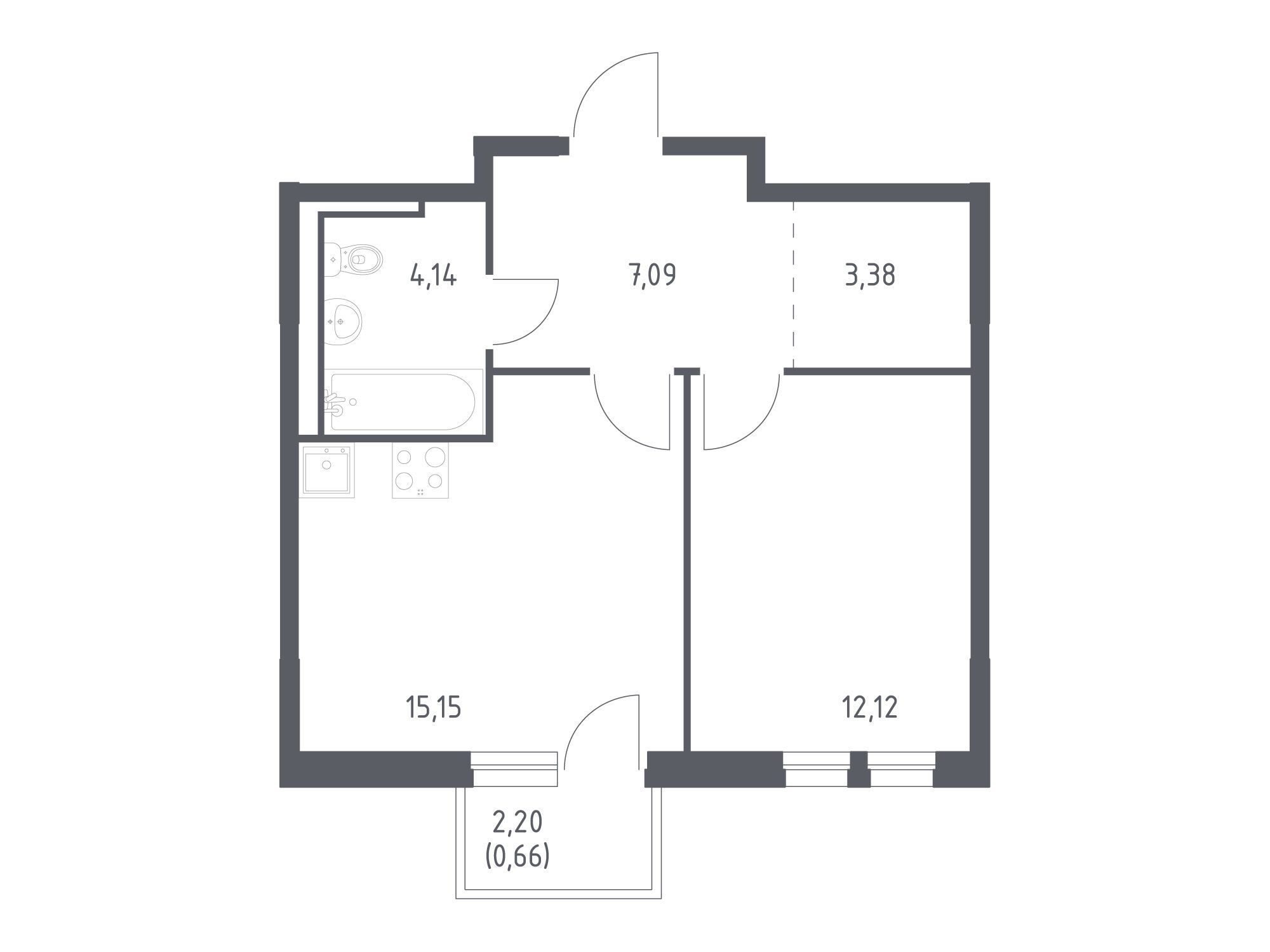 Планировка: 1-комн. квартира 42.54 м² в новостройке Невская долина
