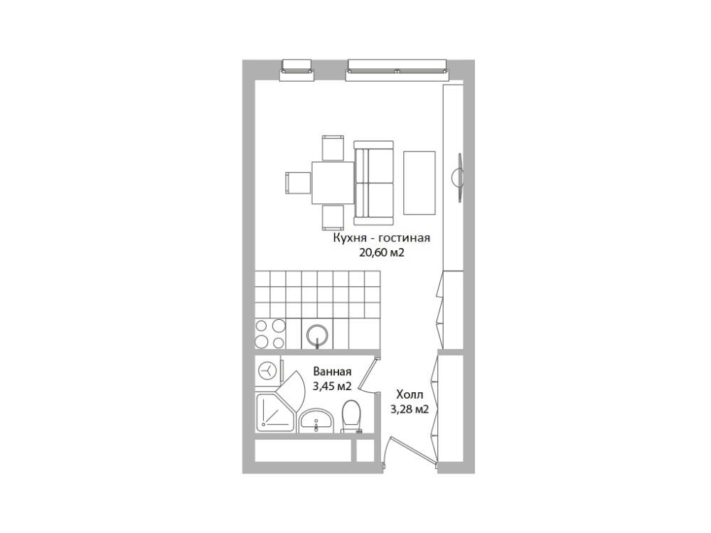 Планировка: Студия 27.30 м² в новостройке Адрес