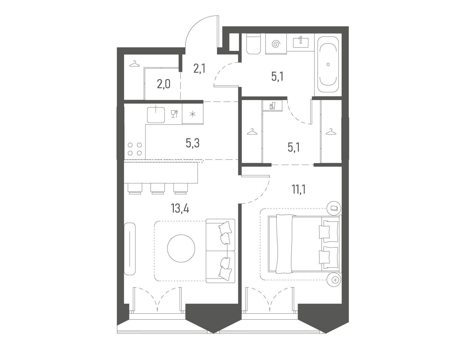 Планировка: 1-комнатная квартира 44.10 м² в новостройке Среда на Лобачевского
