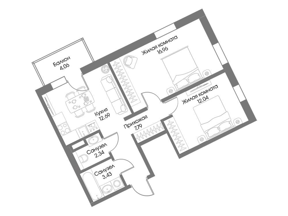 Планировка: 2-комн. квартира 56.47 м² в новостройке Резиденция Рощино