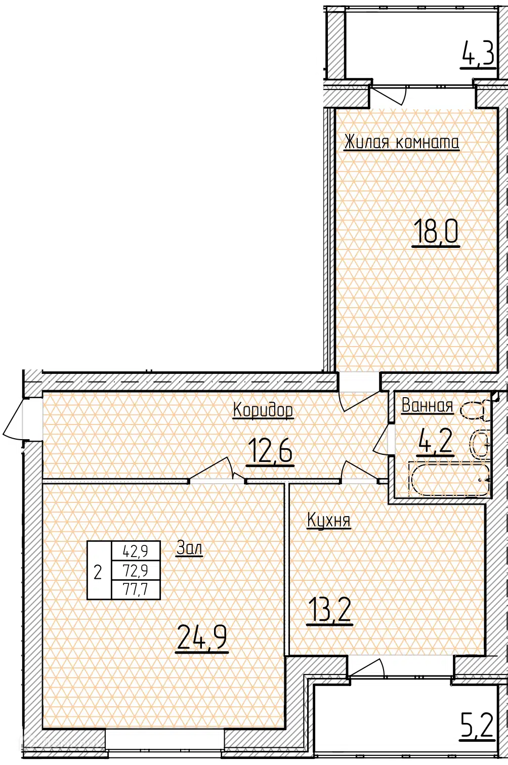 Планировка: 2-комн. квартира 77.70 м² в новостройке Фестивальный