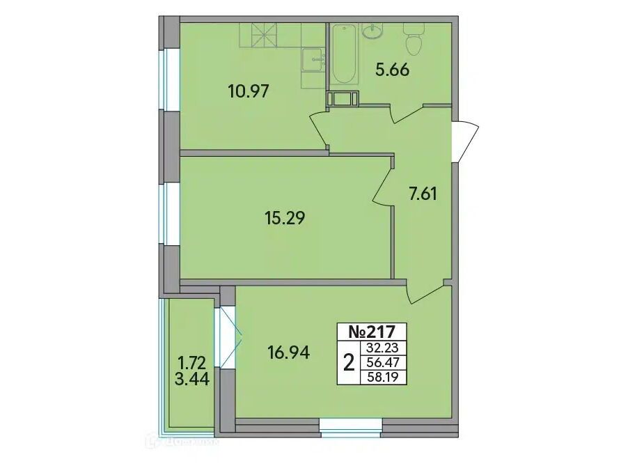 Планировка: 2-комн. квартира 58.40 м² в новостройке Рождественский квартал