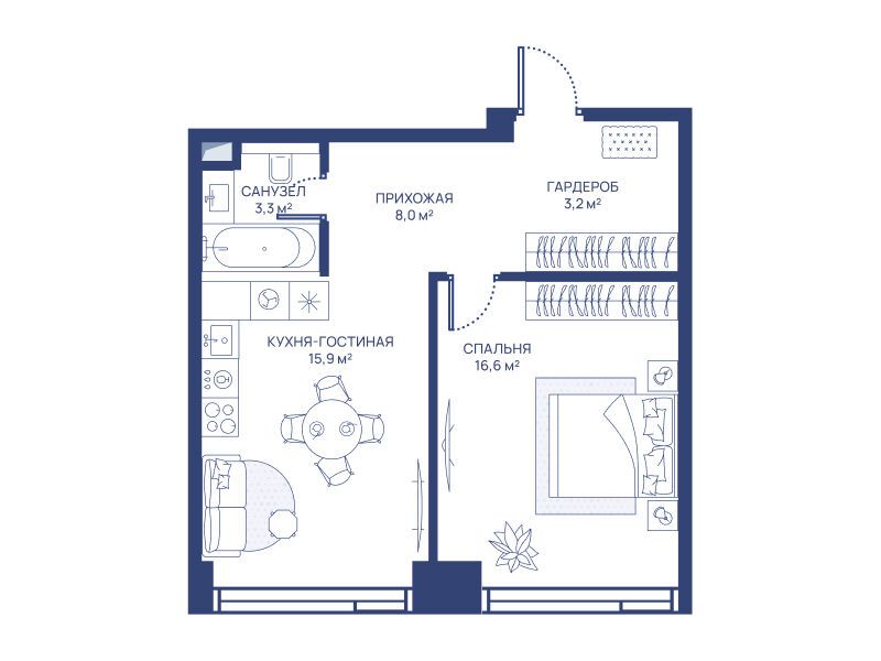Планировка: 1-комн. квартира 47.00 м² в новостройке Свет