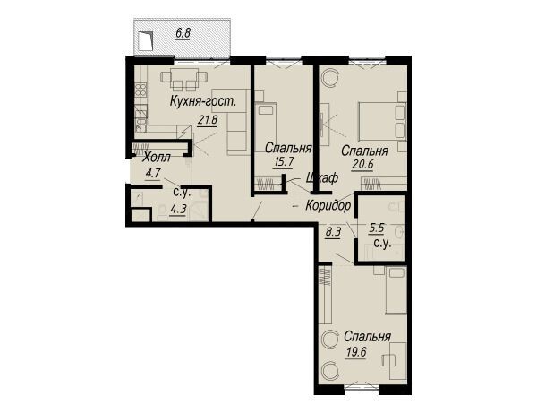 Планировка: 3-комн. квартира 107.60 м² в новостройке Мельцер Холл