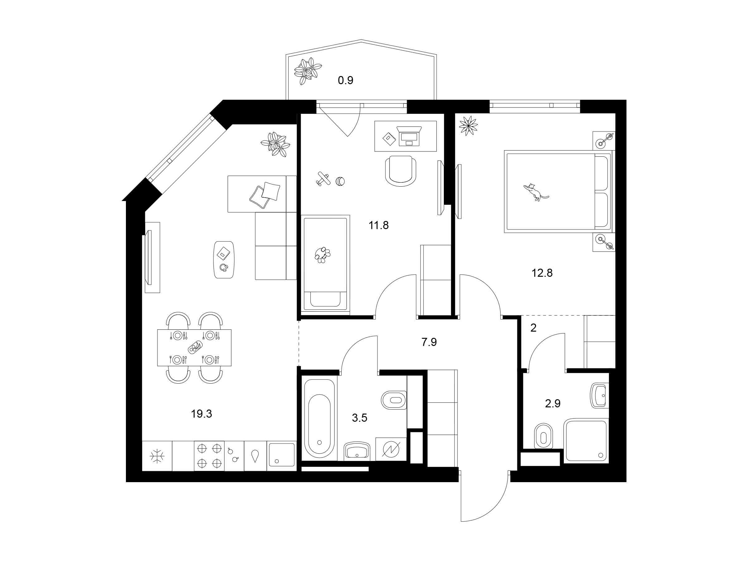 Планировка: 2-комн. квартира 61.10 м² в новостройке Руставели 14