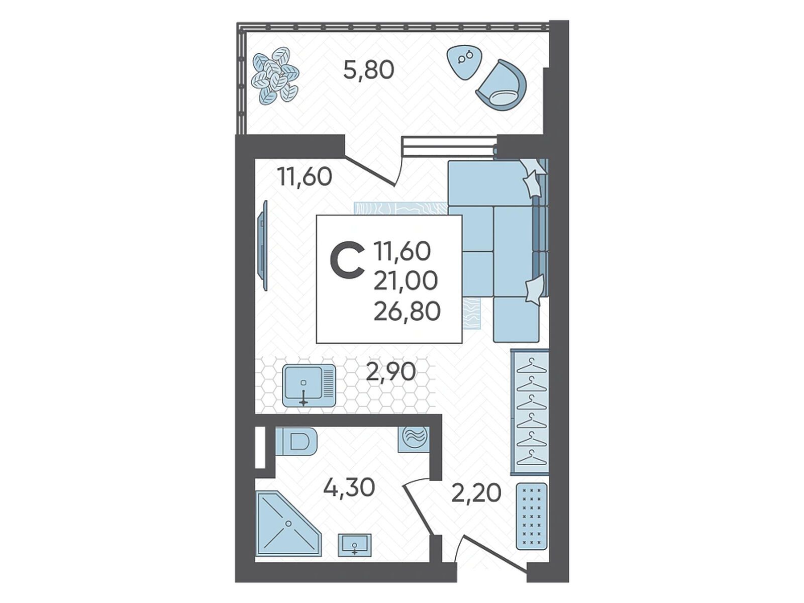 Планировка: Студия 26.80 м² в новостройке Горный квартал