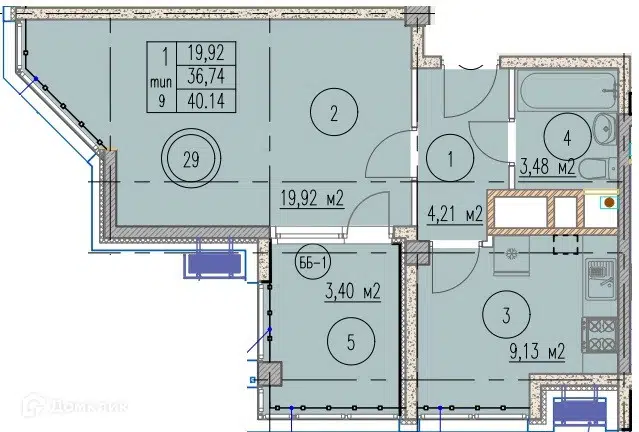Планировка: 1-комн. квартира 40.14 м² в новостройке Агой-парк