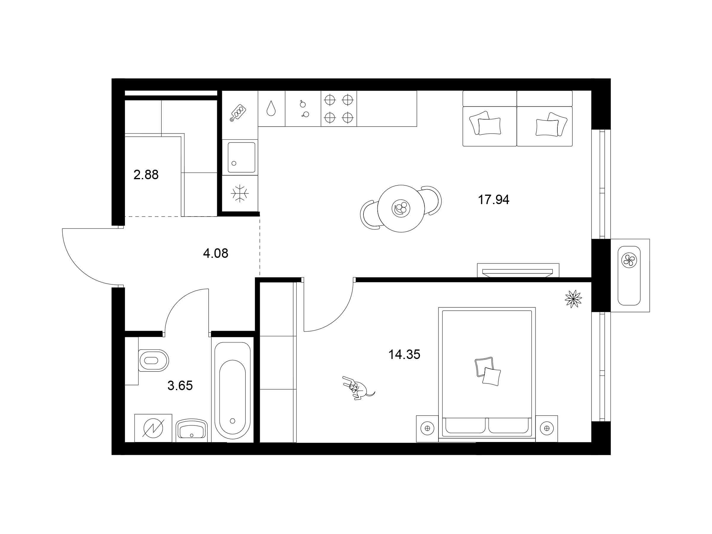 Планировка: 1-комн. квартира 42.90 м² в новостройке Квартал Мит