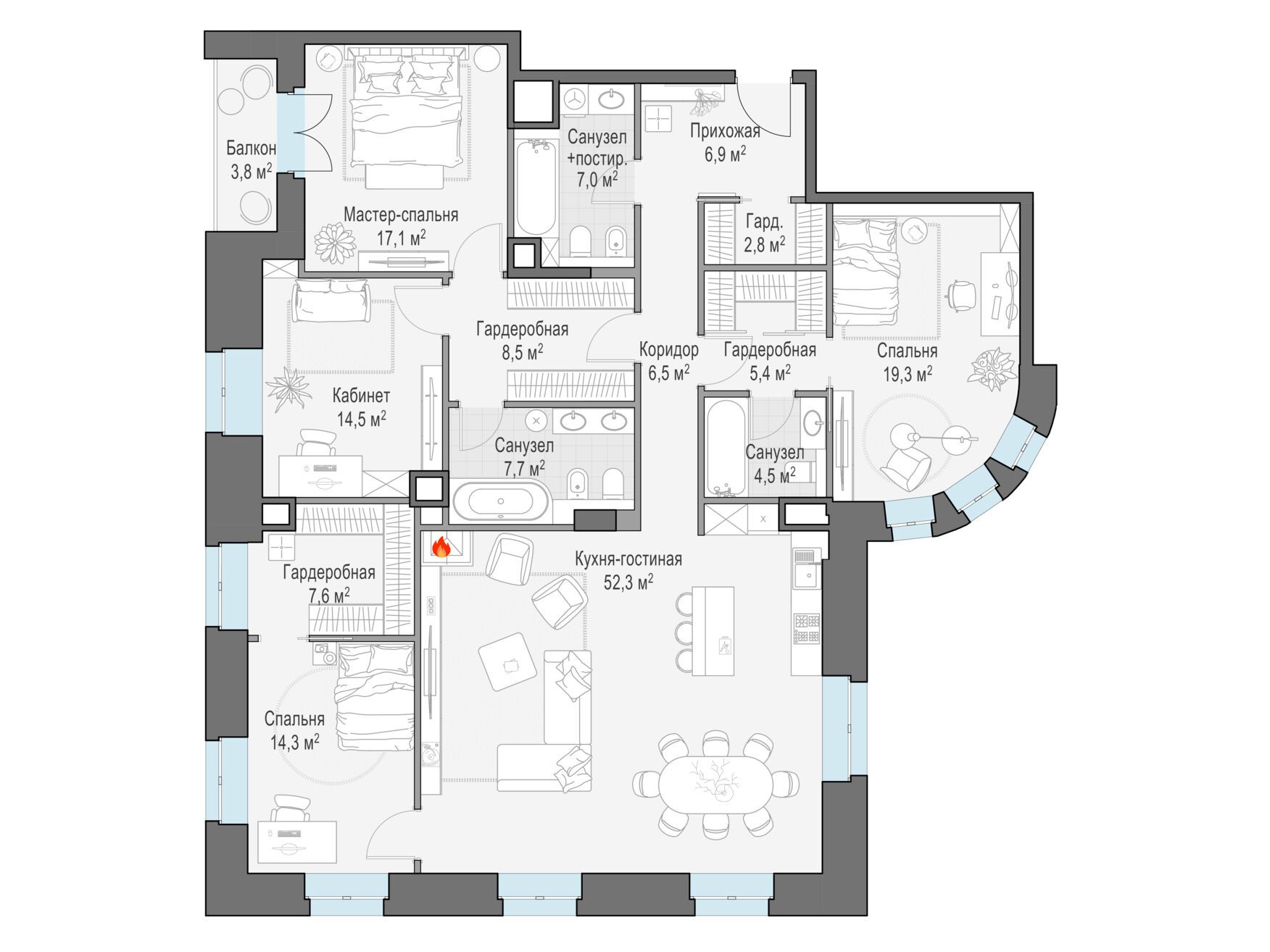 Планировка: 3-комн. квартира 177.60 м² в новостройке Фон Дессин
