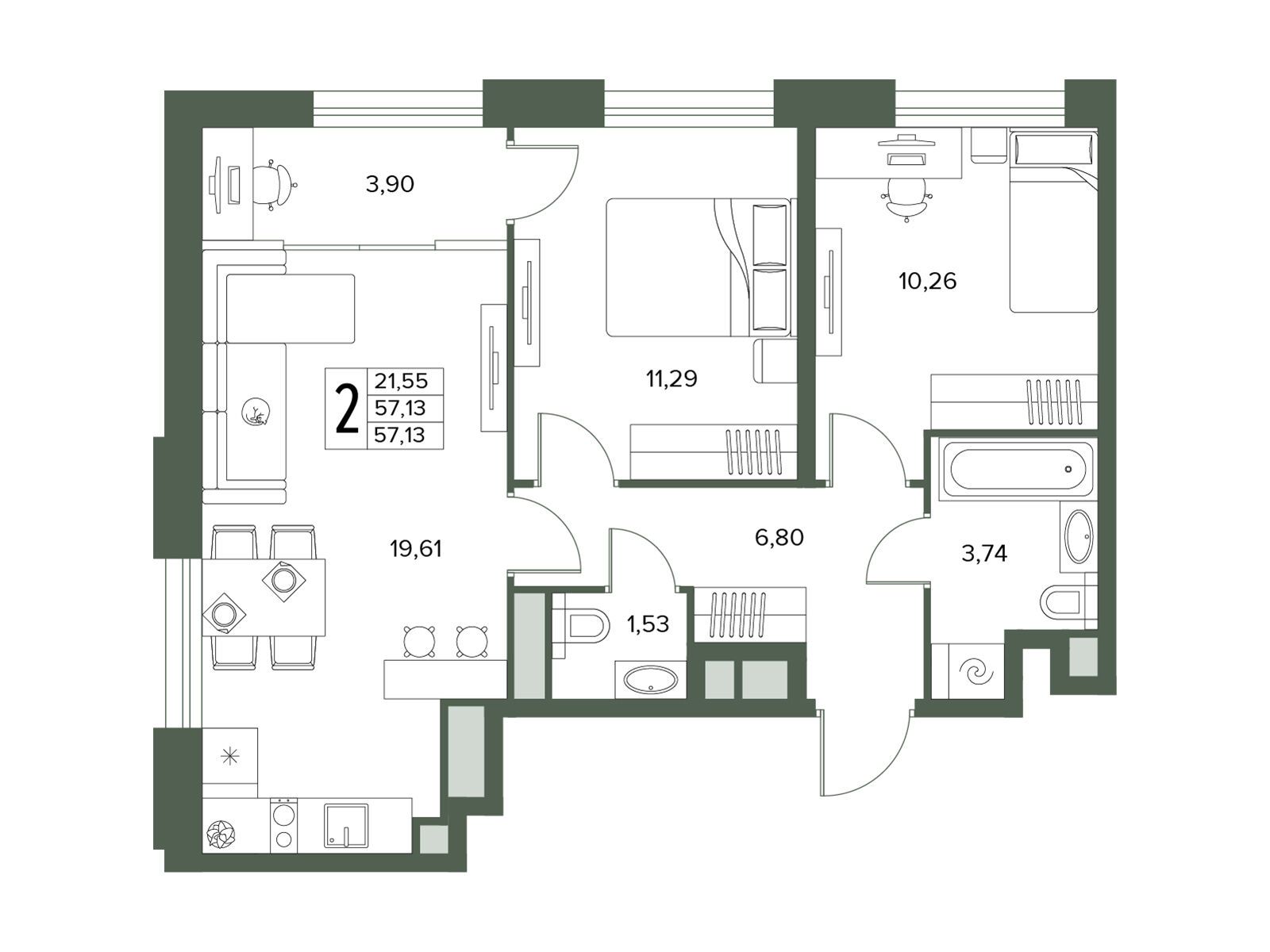 Планировка: 2-комн. квартира 57.13 м² в новостройке Городской бор