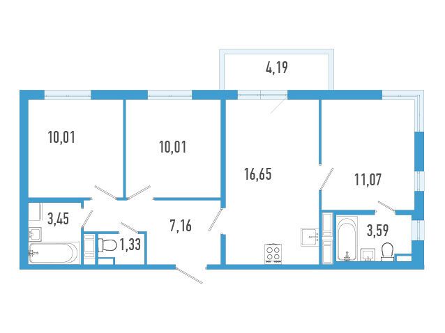 Планировка: 3-комн. квартира 64.53 м² в новостройке Аэросити