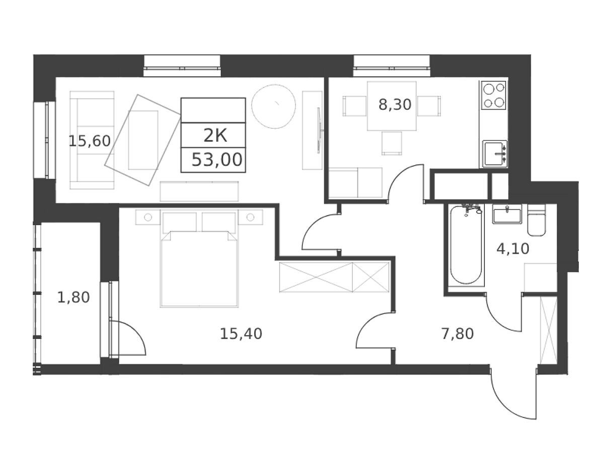 Планировка: 2-комн. квартира 53.00 м² в новостройке Октябрьский