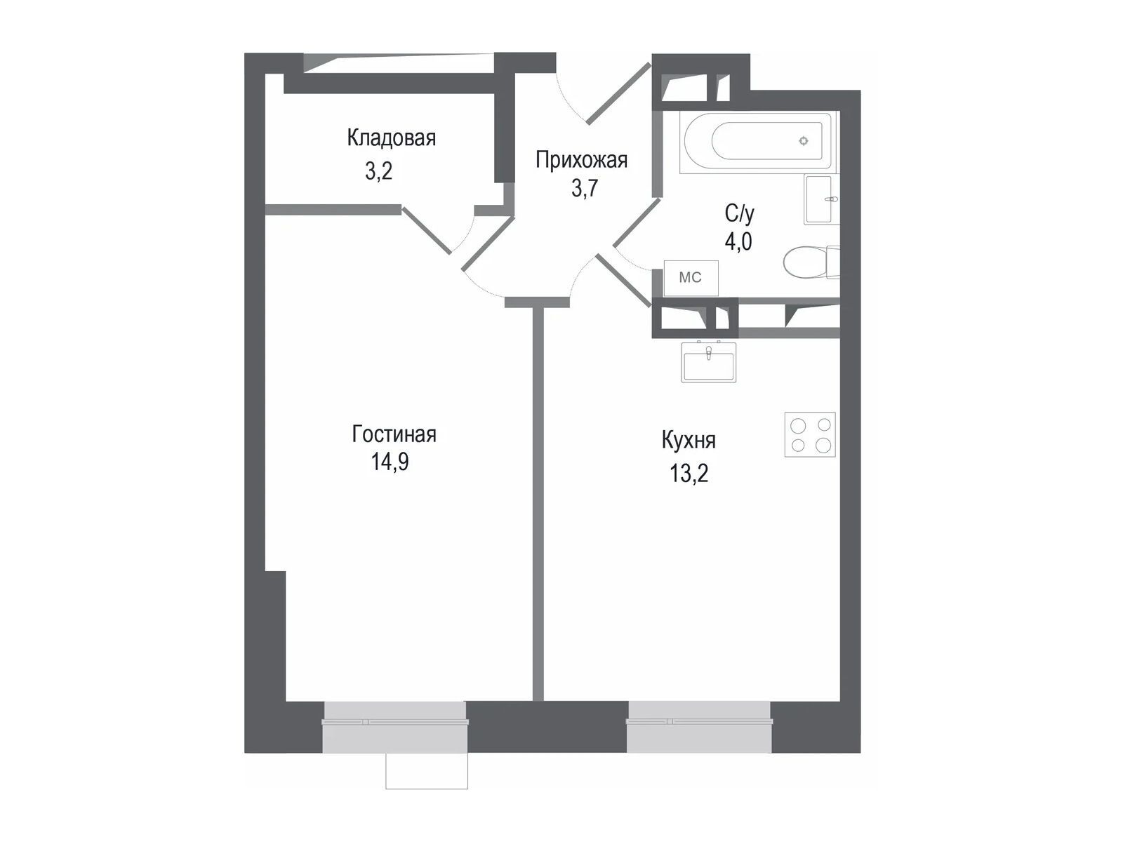 Планировка: 1-комн. квартира 39.00 м² в новостройке Киноквартал