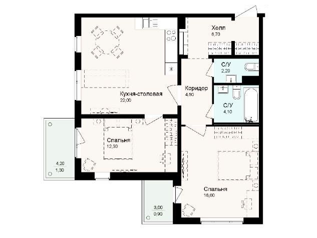Планировка: 3-комн. квартира 70.80 м² в новостройке Новая Дубровка