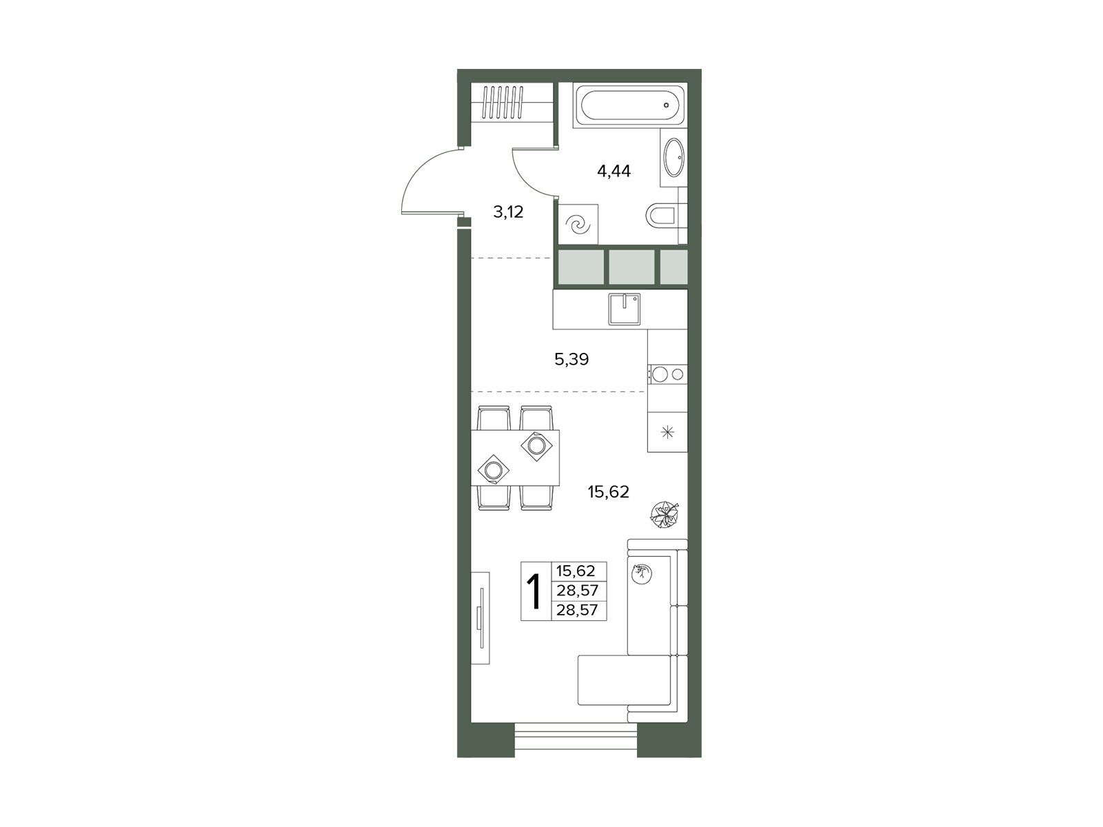 Планировка: Студия 28.57 м² в новостройке Городской бор