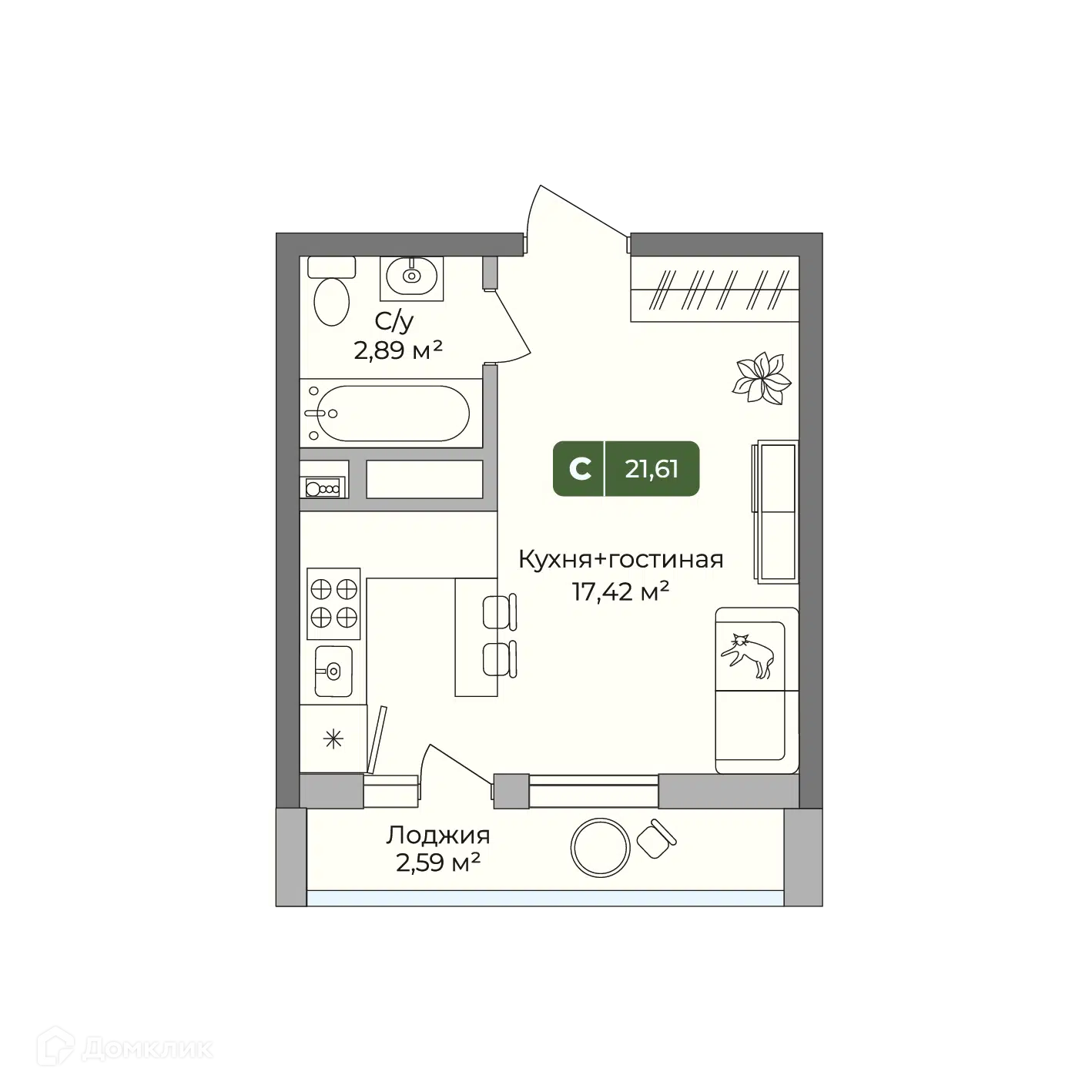 Планировка: Студия 21.61 м² в новостройке Цитрус