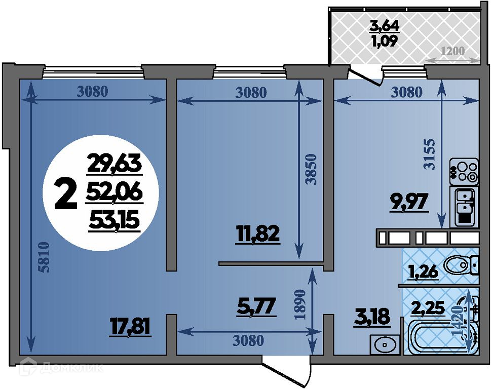 Планировка: 2-комн. квартира 53.15 м² в новостройке Романовский