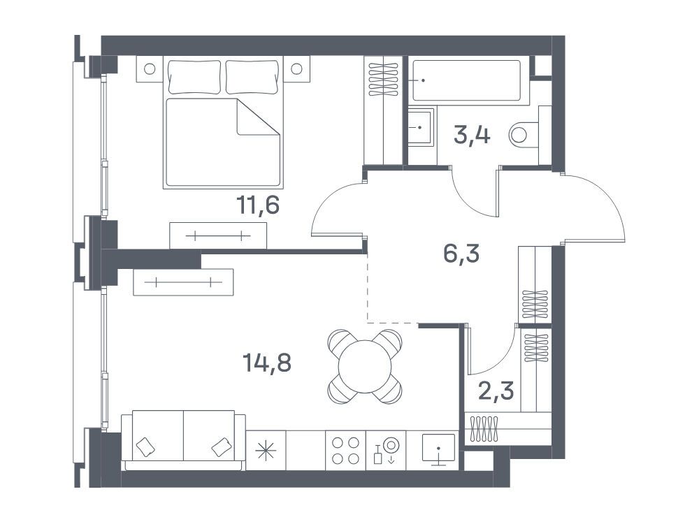 Планировка: 1-комн. квартира 38.40 м² в новостройке Портленд. Дом на берегу