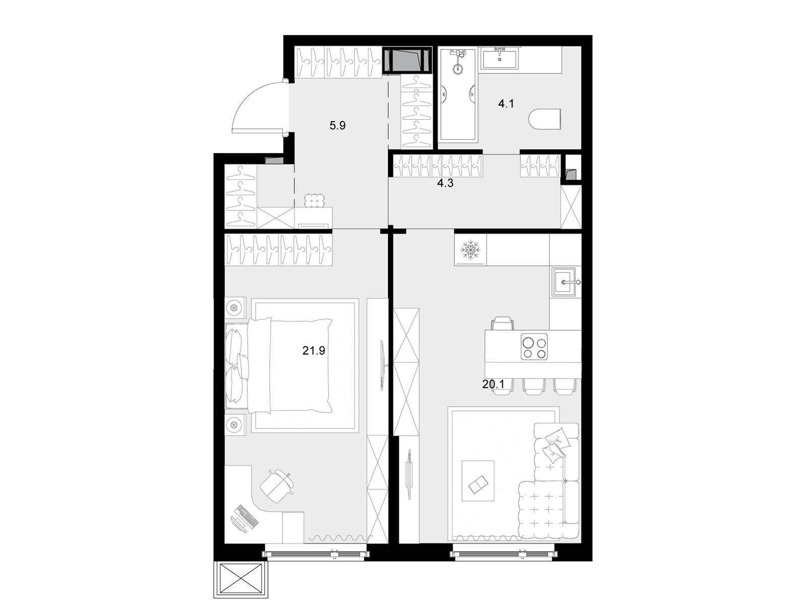 Планировка: 1-комн. квартира 56.20 м² в новостройке Малевич