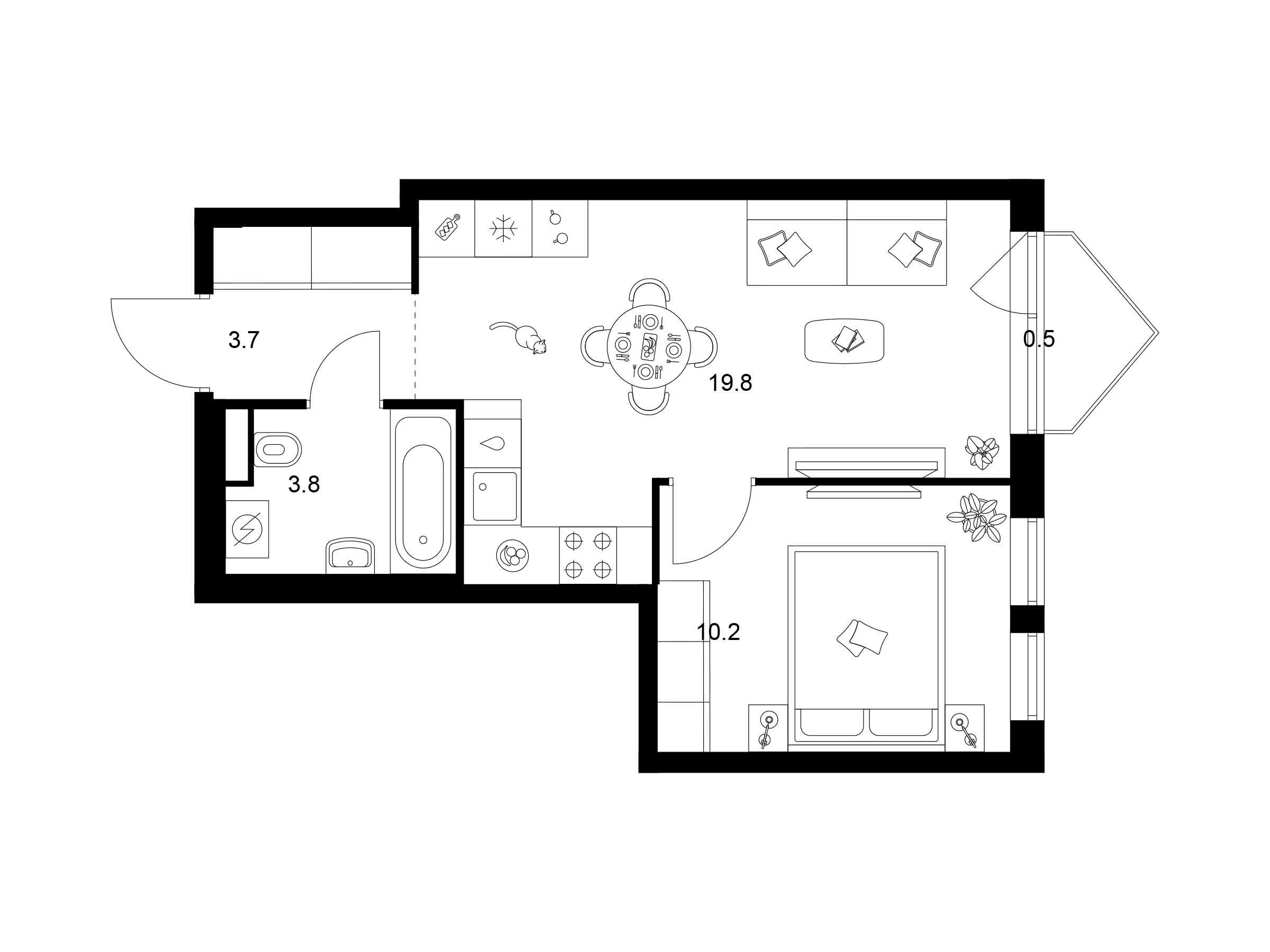 Планировка: 1-комн. квартира 38.00 м² в новостройке Строгино 360