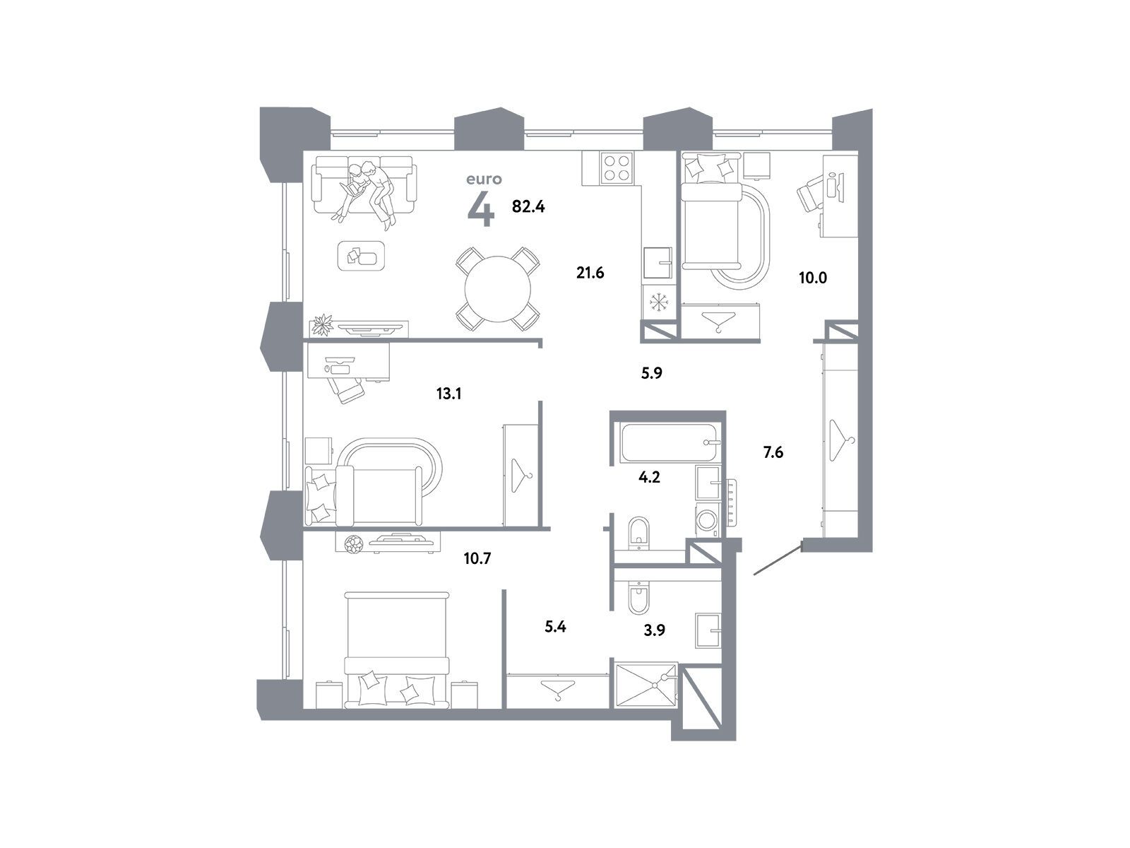 Планировка: 4-комн. квартира 82.40 м² в новостройке Страна. Заречная