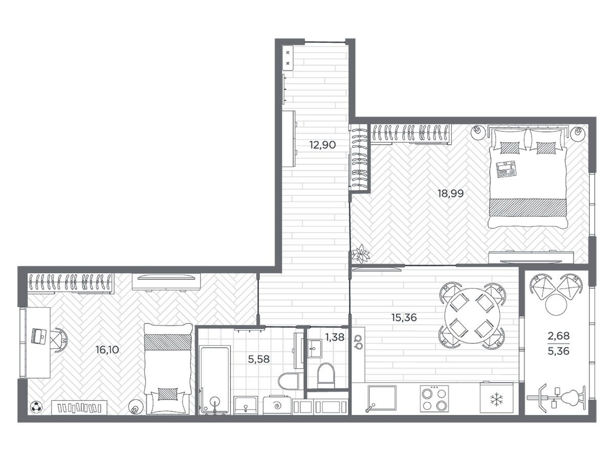 Планировка: 2-комн. квартира 72.30 м² в новостройке Бакунина 33