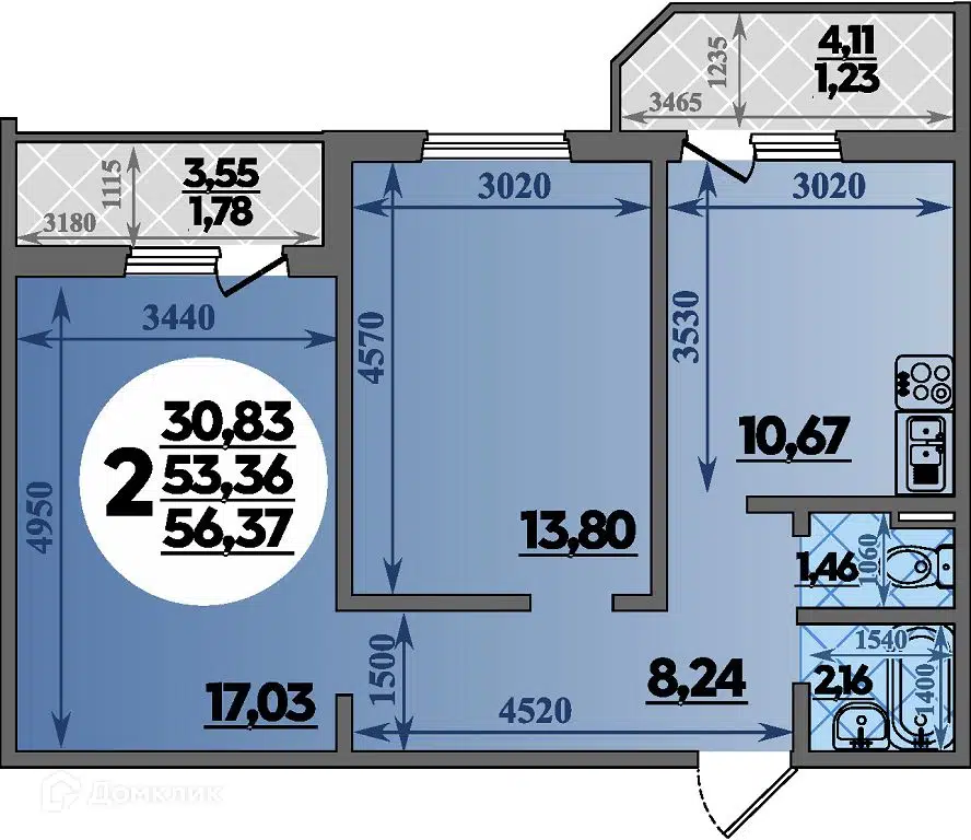 Планировка: 2-комн. квартира 56.37 м² в новостройке Молодежный 2 