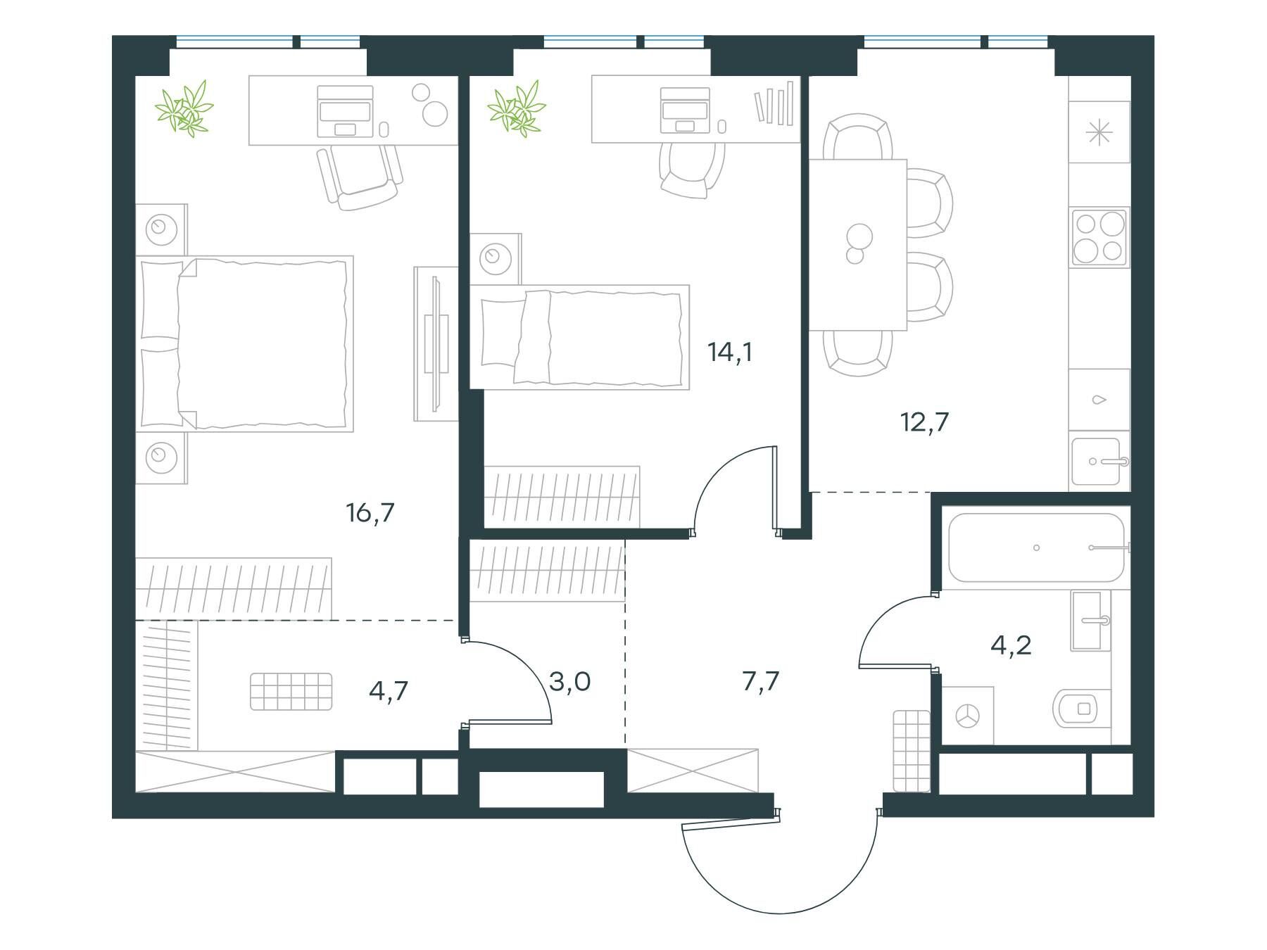 Планировка: 2-комн. квартира 63.10 м² в новостройке Левел Войковская