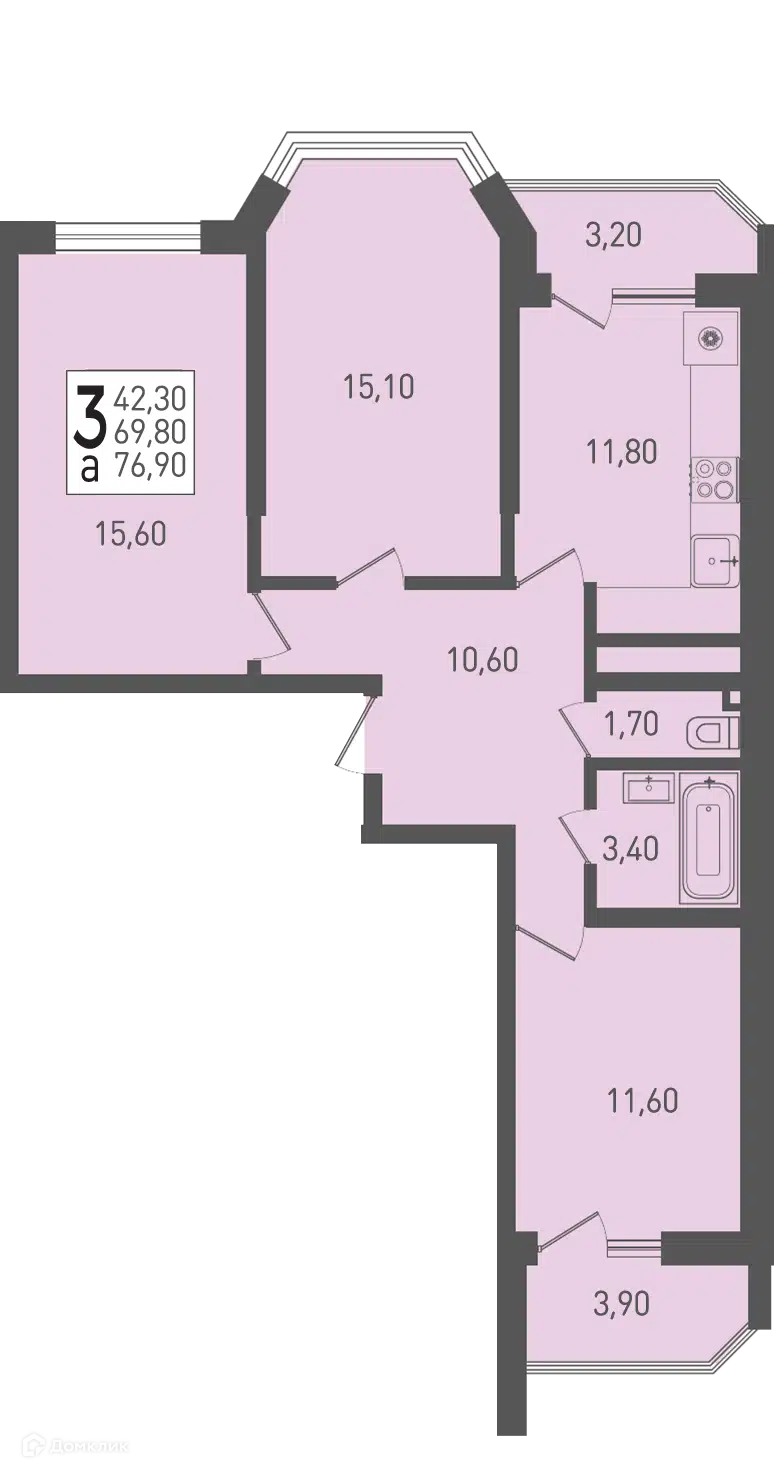 Планировка: 3-комн. квартира 76.90 м² в новостройке Огурцы
