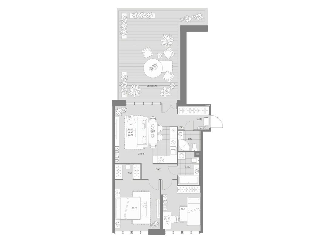 Планировка: 2-комн. квартира 80.05 м² в новостройке Авант