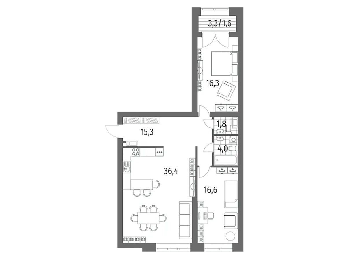Планировка: 2-комн. квартира 92.10 м² в новостройке Наука
