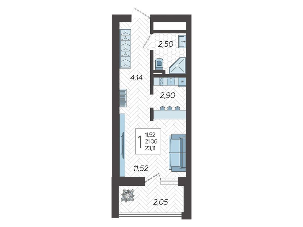 Планировка: Студия 23.70 м² в новостройке Кислород