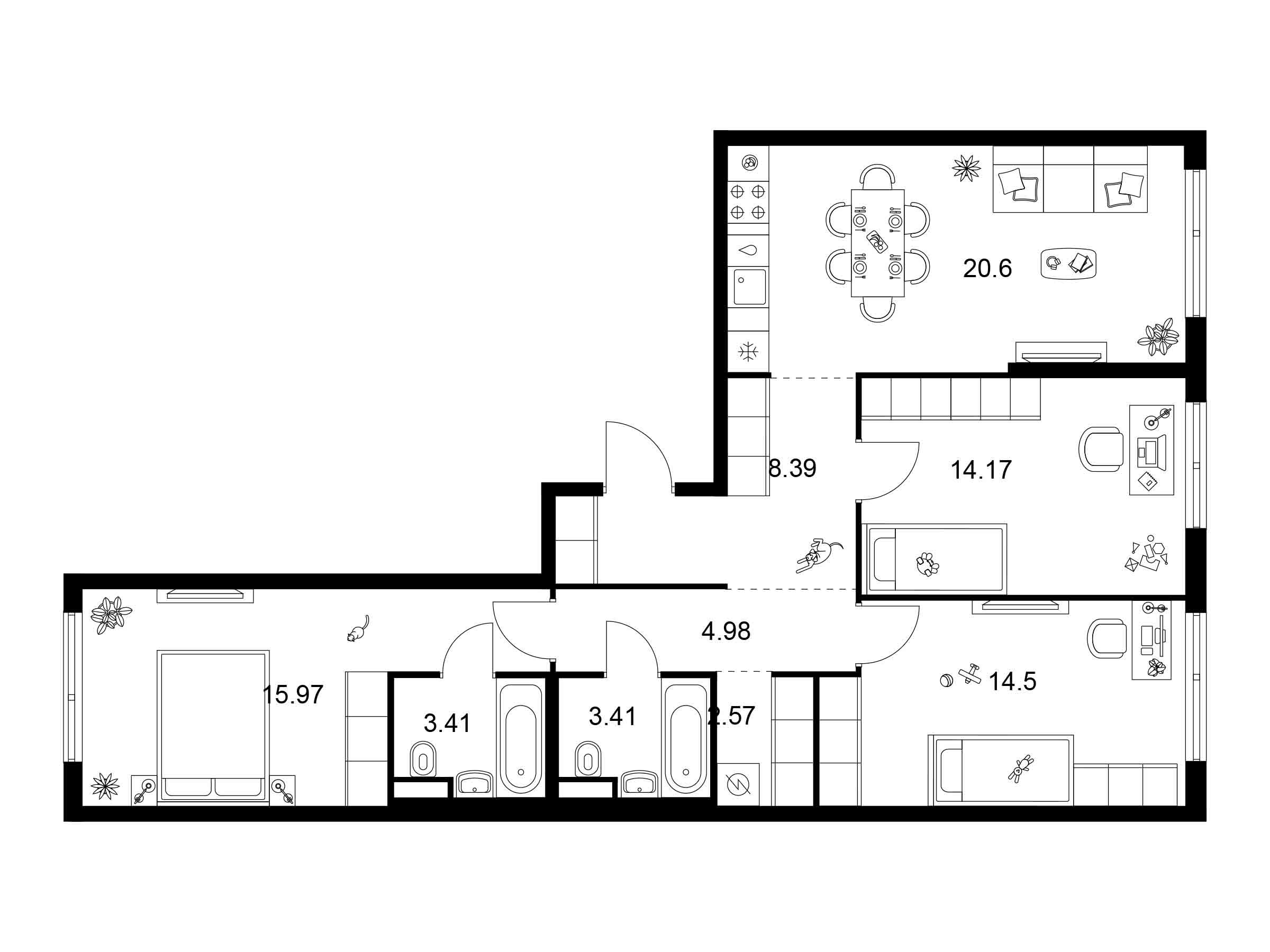 Планировка: 3-комн. квартира 88.00 м² в новостройке Квартал Мит