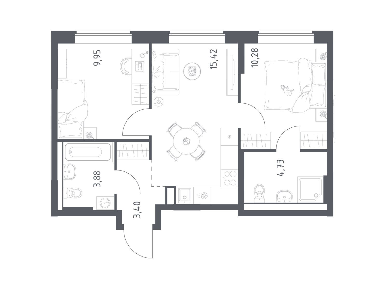 Планировка: 2-комн. квартира 47.66 м² в новостройке Большое Юрлово