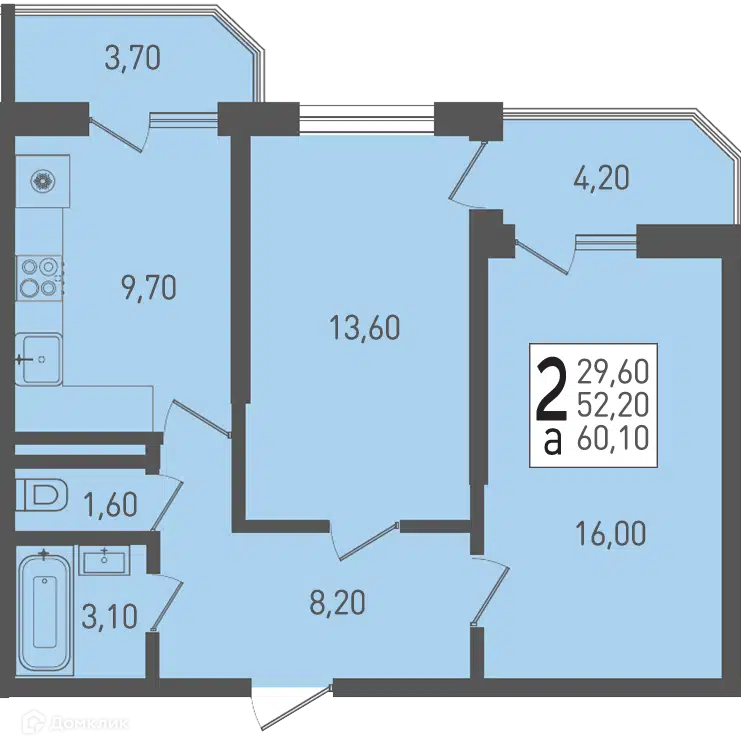 Планировка: 2-комн. квартира 60.10 м² в новостройке Огурцы