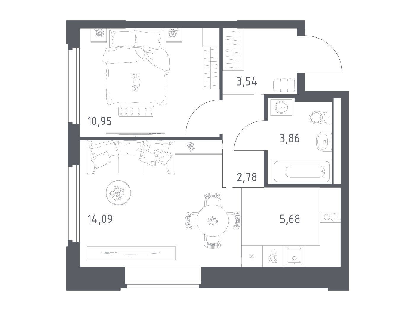 Планировка: 1-комн. квартира 40.90 м² в новостройке Космический квартал