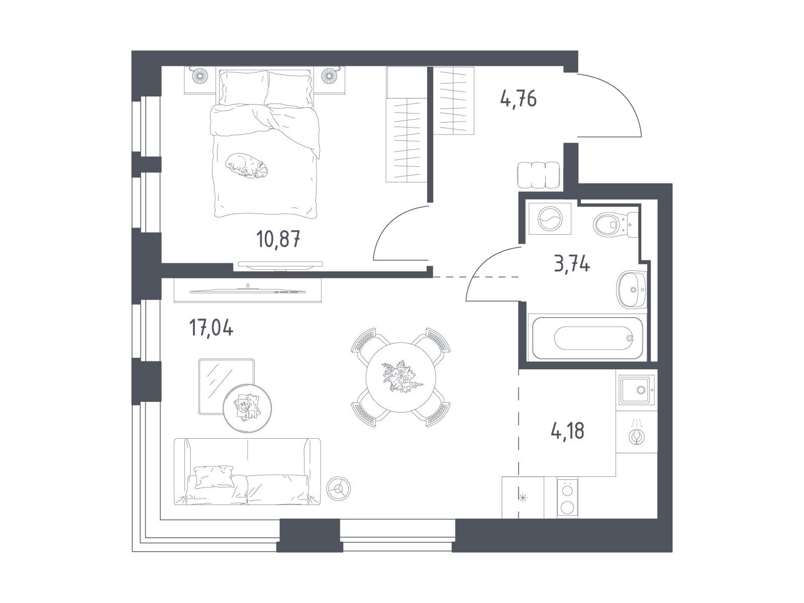 Планировка: 1-комн. квартира 40.59 м² в новостройке Новое Видное