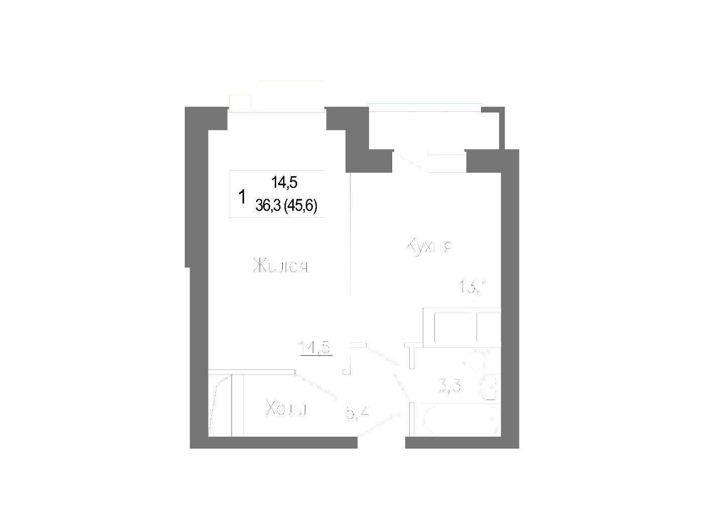 Планировка: 1-комн. квартира 42.70 м² в новостройке Новое Замитино