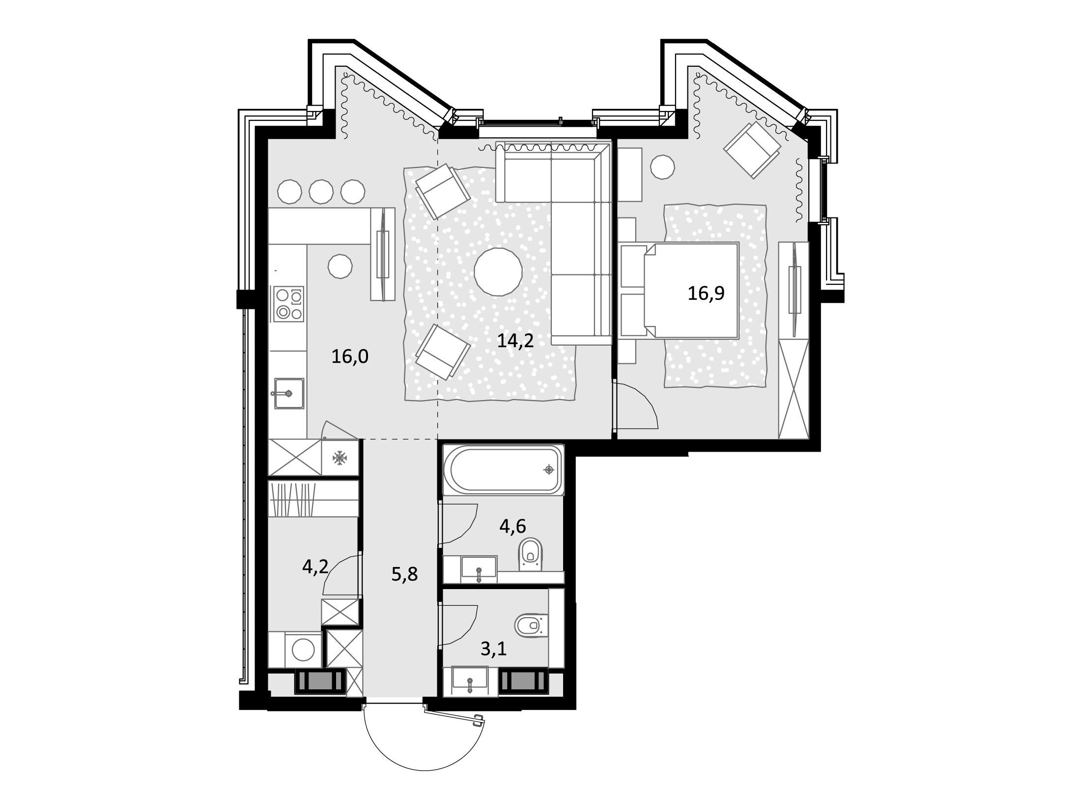 Планировка: 2-комн. квартира 64.80 м² в новостройке Трилогия Кристалл