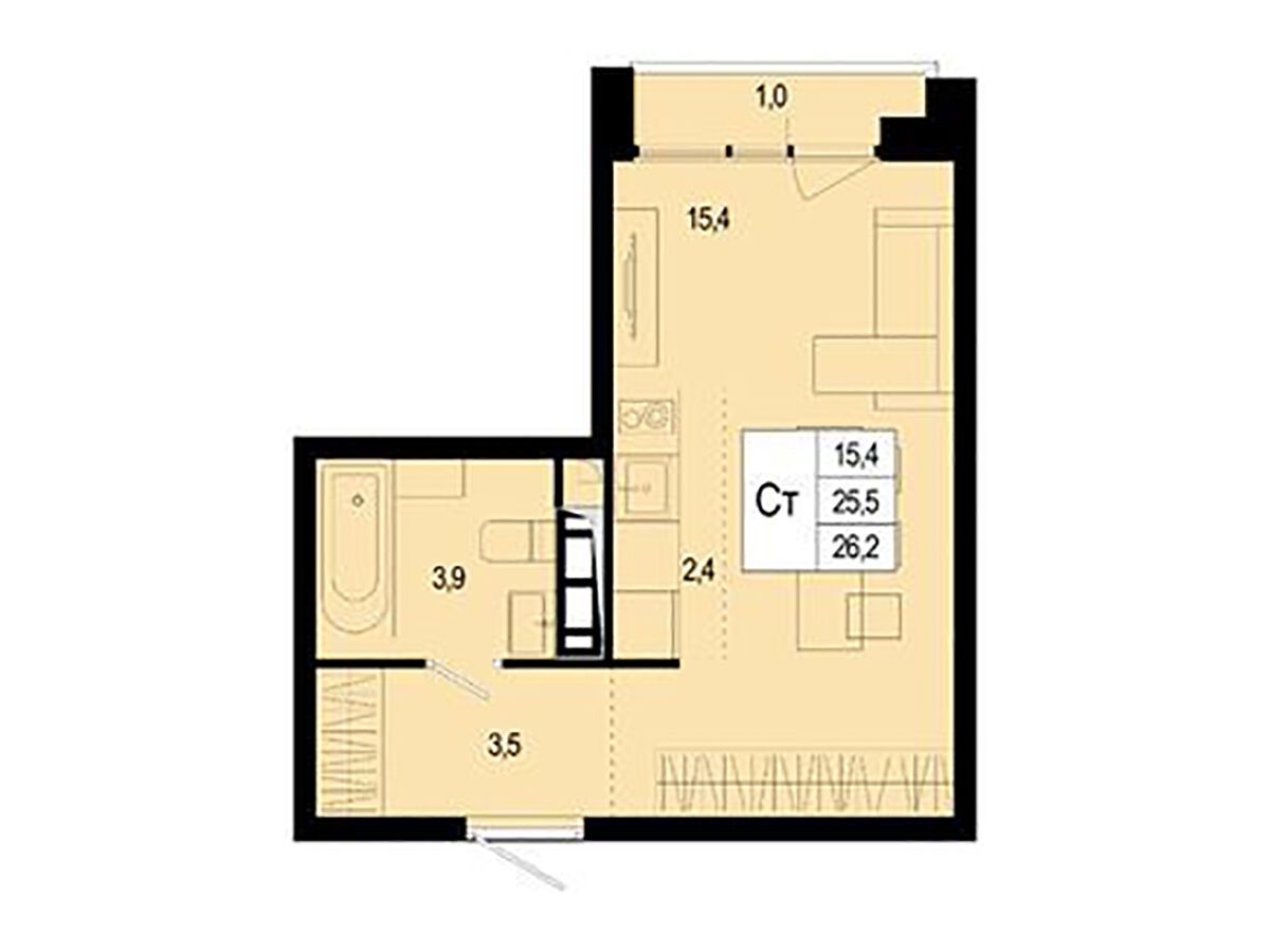 Планировка: Студия 25.50 м² в новостройке ЖК Новая Щербинка
