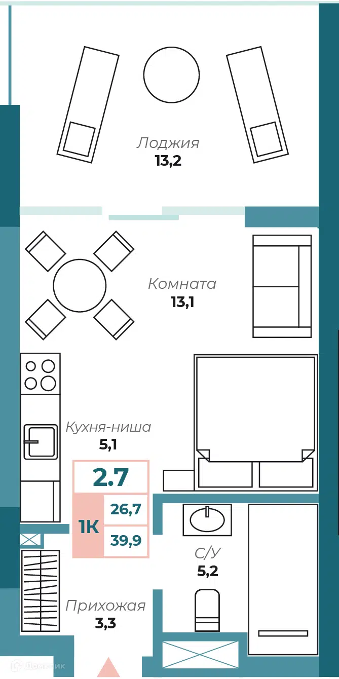Планировка: 1-комн. квартира 40.20 м² в новостройке Аура