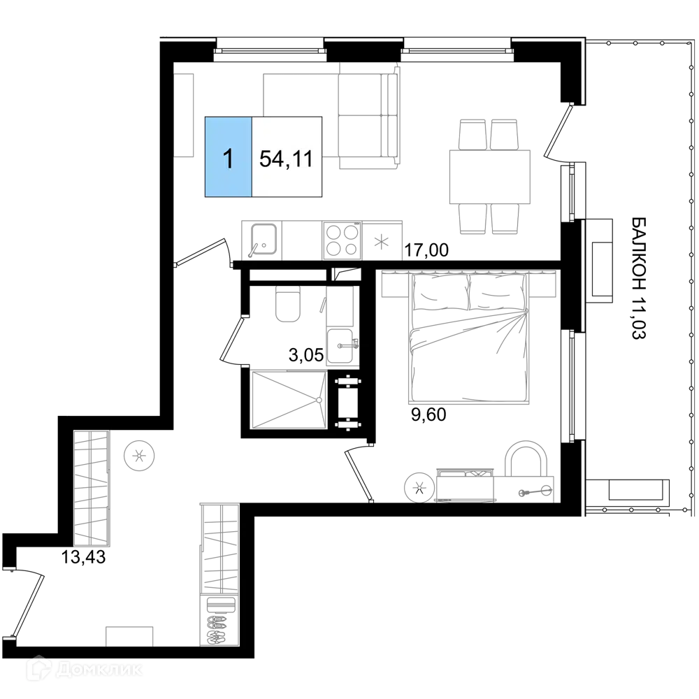Планировка: 1-комн. квартира 54.11 м² в новостройке Корсаков