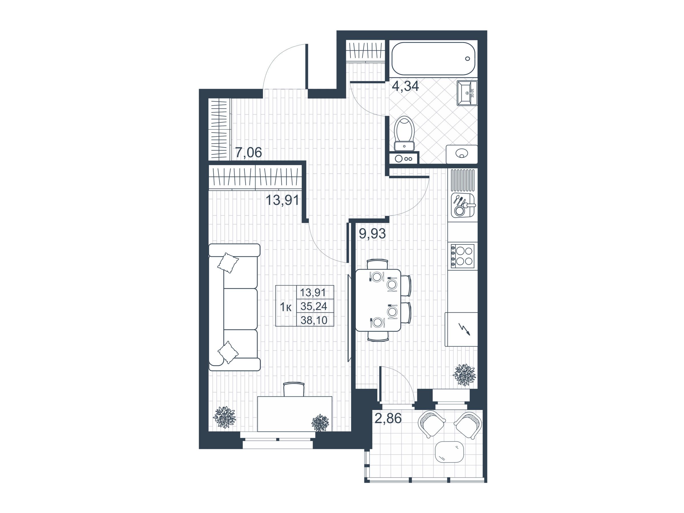 Планировка: 1-комн. квартира 35.10 м² в новостройке Ново-Антропшино