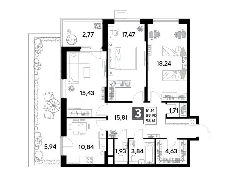 Планировка: 3-комн. квартира 98.61 м² в новостройке Эво