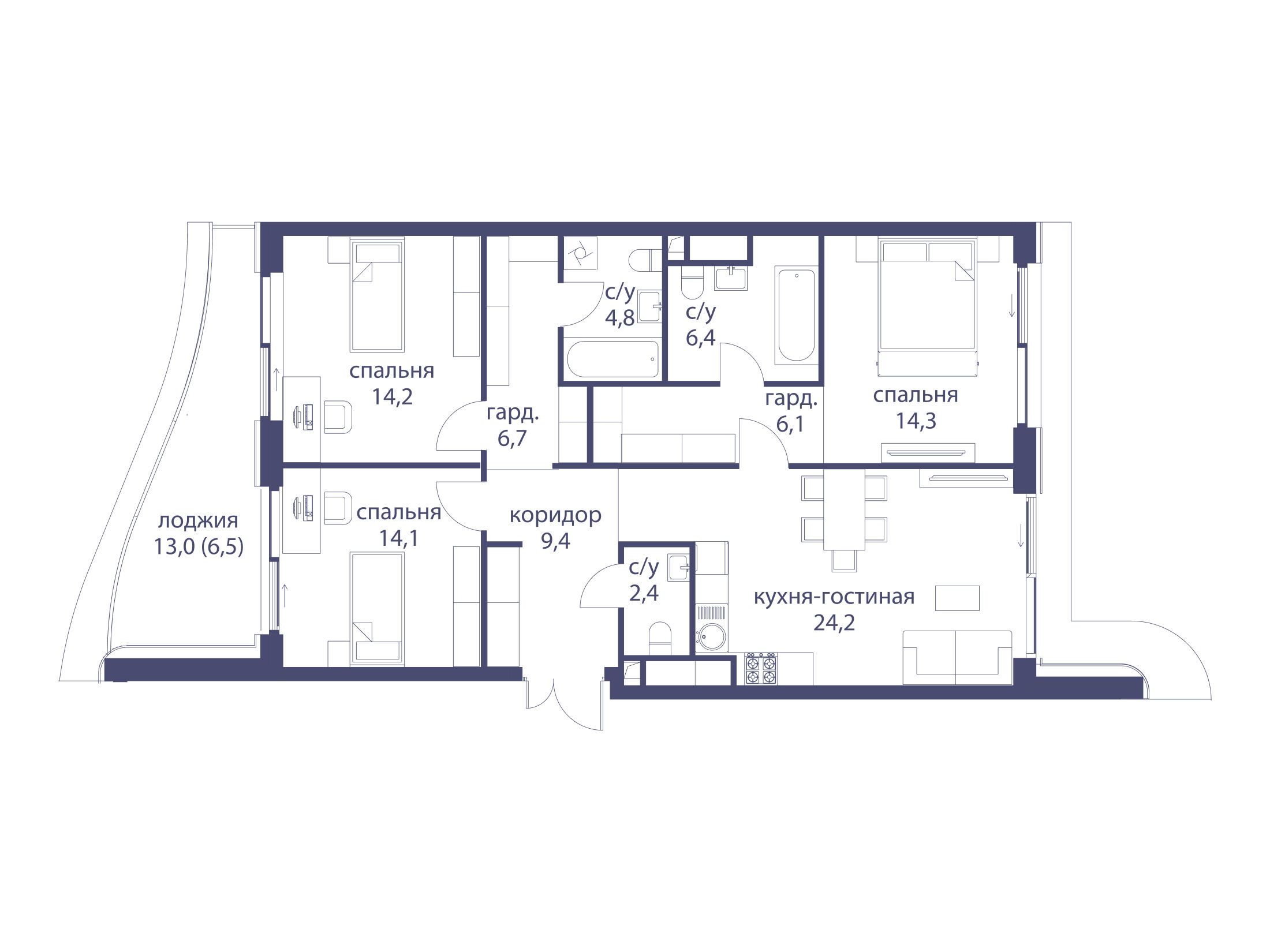 Планировка: 3-комн. квартира 109.10 м² в новостройке Река